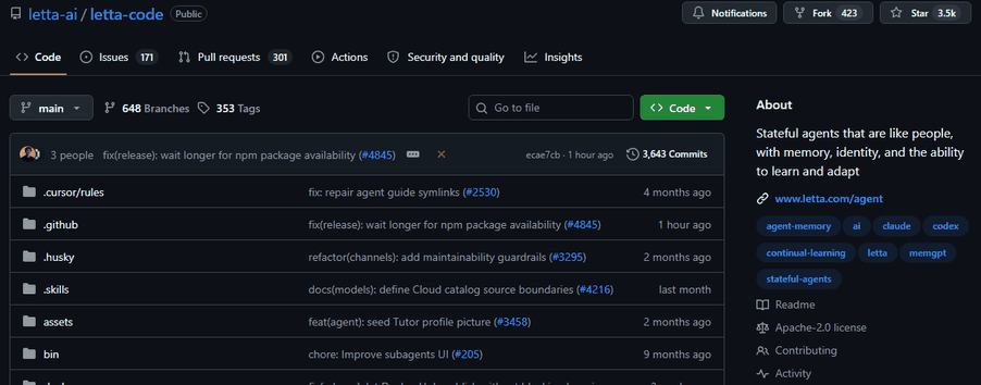 The letta-ai/letta-code repository on GitHub.