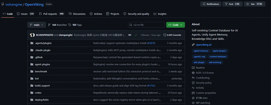 The volcengine/OpenViking repository on GitHub, a self-evolving context database for AI agents unifying agent memory, knowledge, and skills.