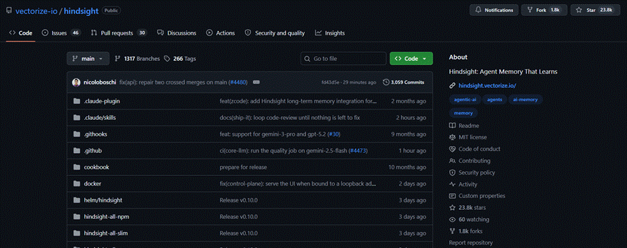 The vectorize-io/hindsight repository on GitHub, described as agent memory that learns.