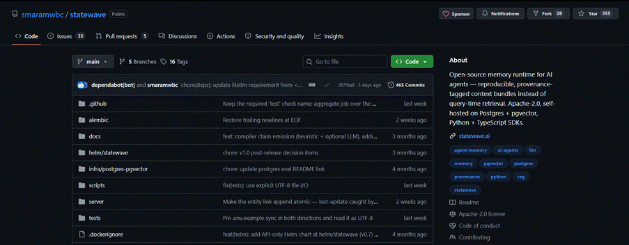 The smaramwbc/statewave repository on GitHub, described as an open-source memory runtime for AI agents with reproducible, provenance-tagged context bundles.