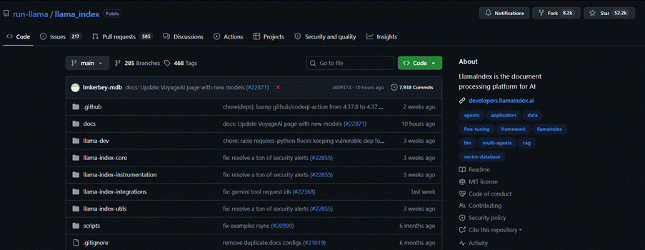 The run-llama/llama_index repository on GitHub, described as the document processing platform for AI.