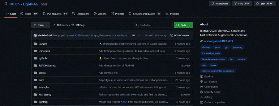 The HKUDS/LightRAG repository on GitHub, described as simple and fast retrieval-augmented generation.