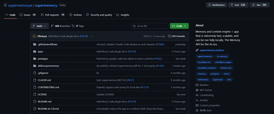 The supermemoryai/supermemory repository on GitHub, described as a memory and context engine plus app that can run fully locally.