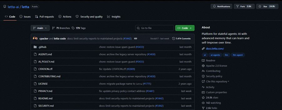 The letta-ai/letta repository on GitHub, described as a platform for stateful agents with advanced memory that can learn and self-improve over time.