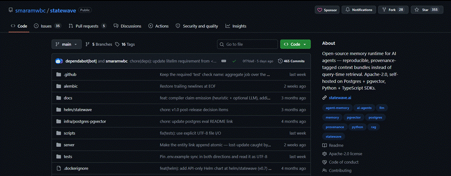 The smaramwbc/statewave repository on GitHub, described as an open-source memory runtime for AI agents with reproducible, provenance-tagged context bundles instead of query-time retrieval.