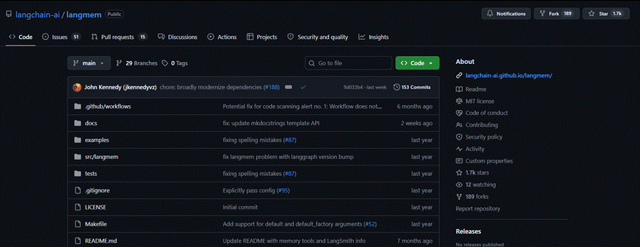 The langchain-ai/langmem repository on GitHub, LangChain's long-term memory library for LangGraph agents.