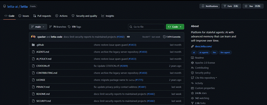 The letta-ai/letta repository on GitHub, described as a platform for stateful agents with advanced memory that can learn and self-improve over time.