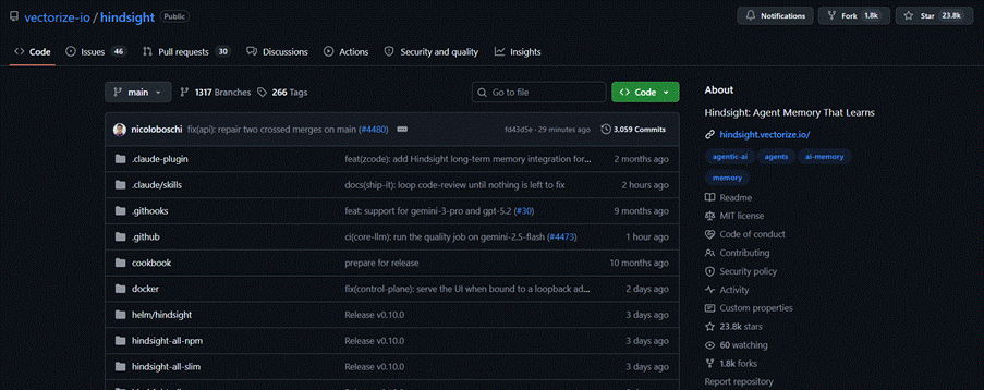 The vectorize-io/hindsight repository on GitHub, described as agent memory that learns.