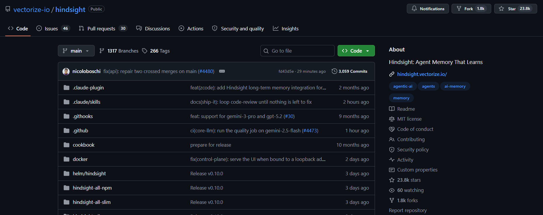 The vectorize-io/hindsight repository on GitHub, described as agent memory that learns.