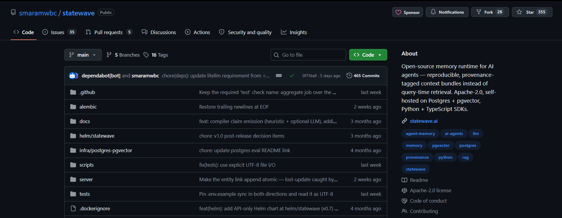 The smaramwbc/statewave repository on GitHub, described as an open-source memory runtime for AI agents with reproducible, provenance-tagged context bundles.
