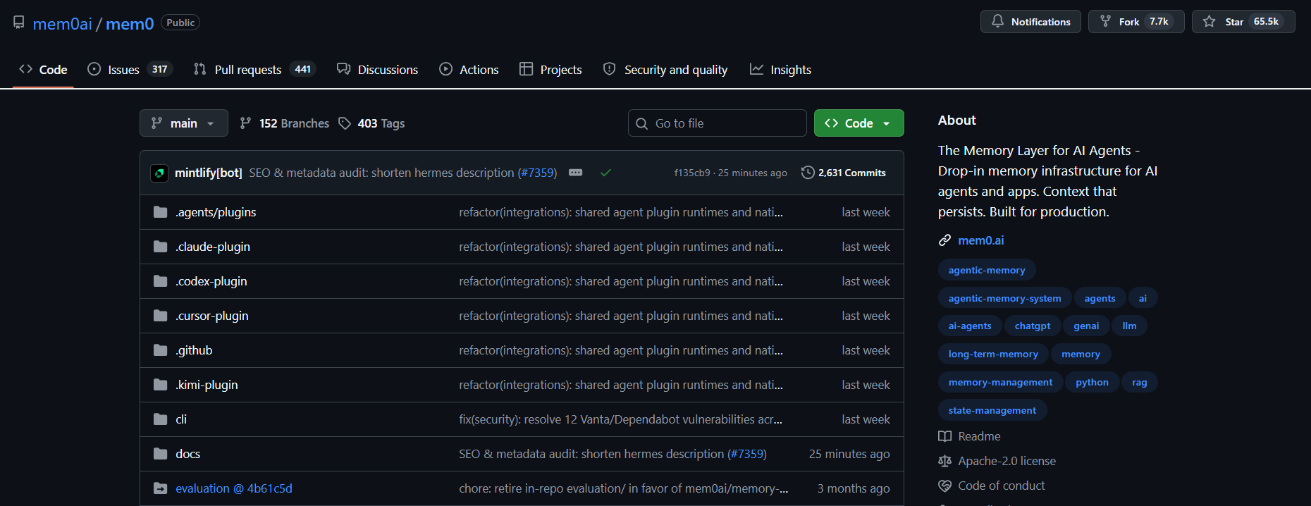 The mem0ai/mem0 repository on GitHub, described as the memory layer for AI agents with drop-in memory infrastructure and context that persists.