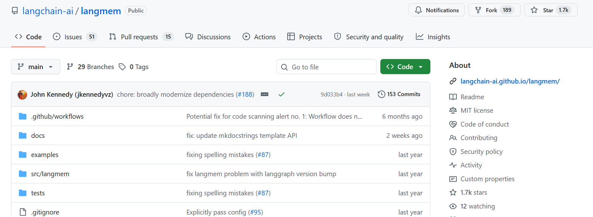The langchain-ai/langmem repository on GitHub, LangChain's long-term memory library for LangGraph agents.
