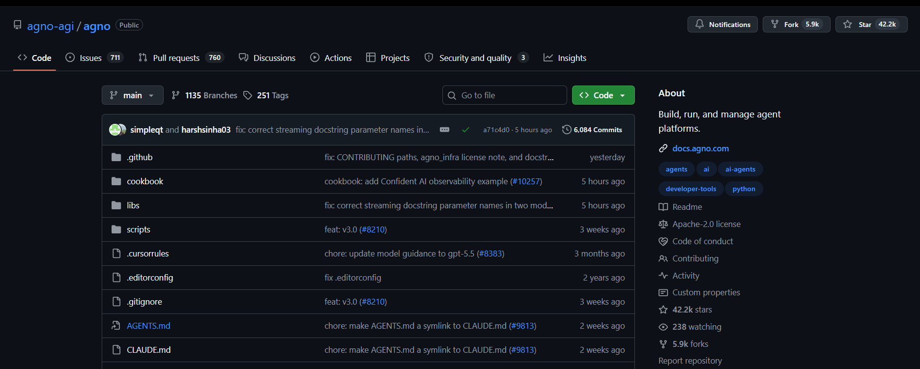 The agno-agi/agno repository on GitHub, described as a platform to build, run, and manage agent platforms.