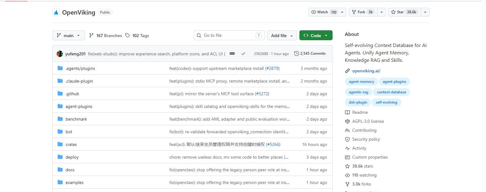 The volcengine/OpenViking repository on GitHub, a self-evolving context database for AI agents unifying agent memory, knowledge, and skills.