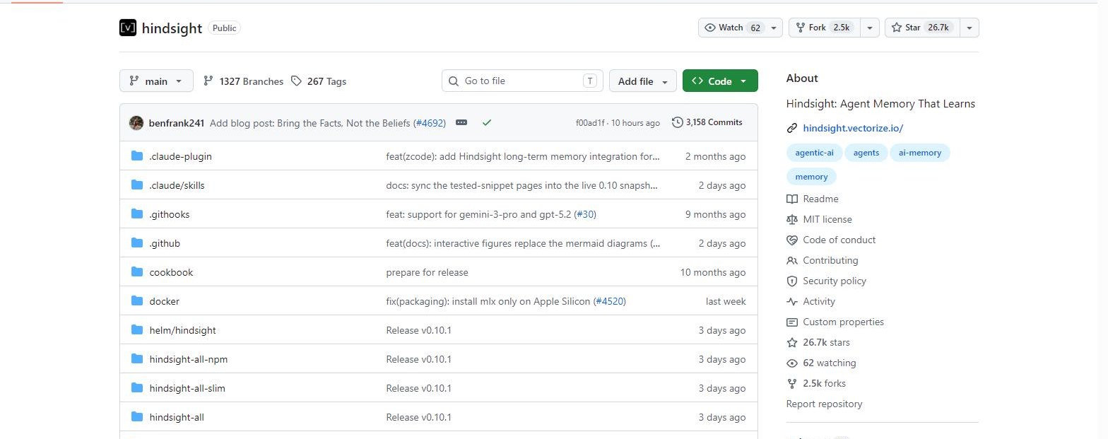 The vectorize-io/hindsight repository on GitHub, described as agent memory that learns.