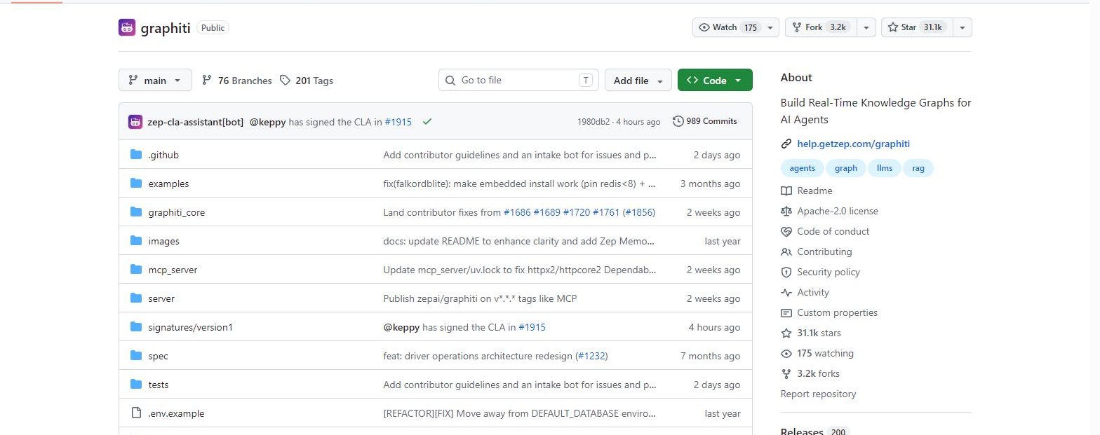 The getzep/graphiti repository on GitHub, building real-time knowledge graphs for AI agents.