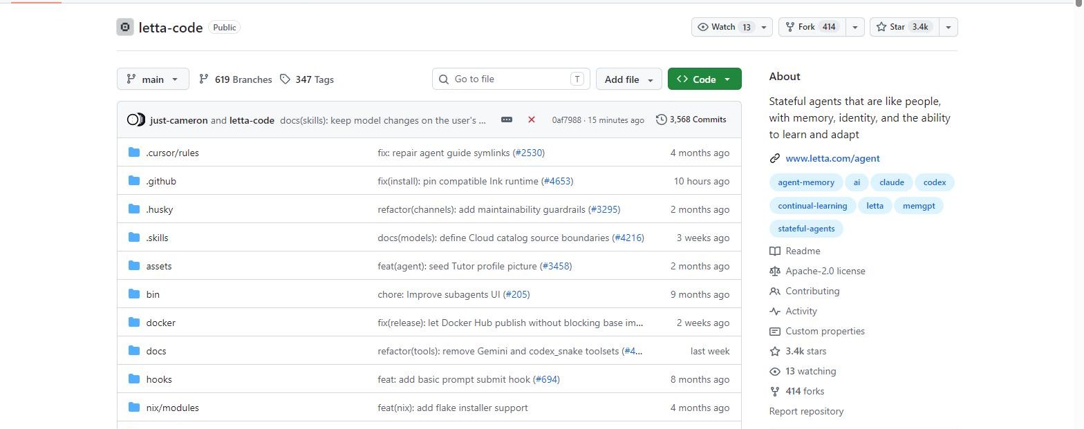 The letta-ai/letta-code repository on GitHub, for stateful agents with memory, identity, and the ability to learn and adapt.