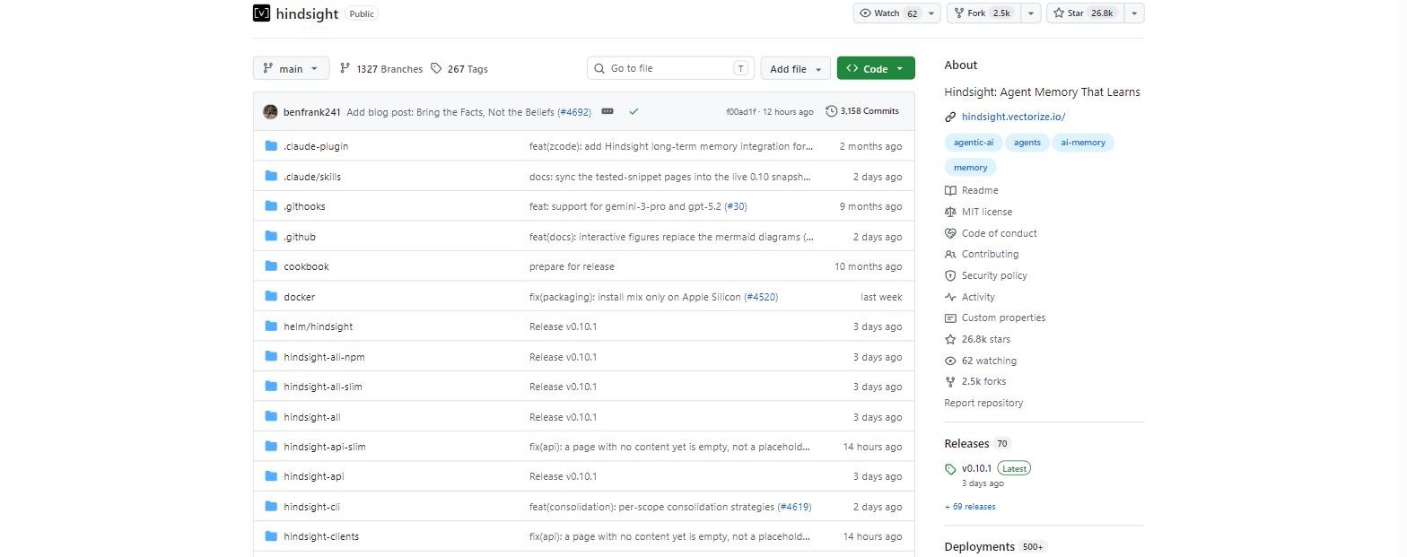 The vectorize-io/hindsight repository on GitHub, described as agent memory that learns.