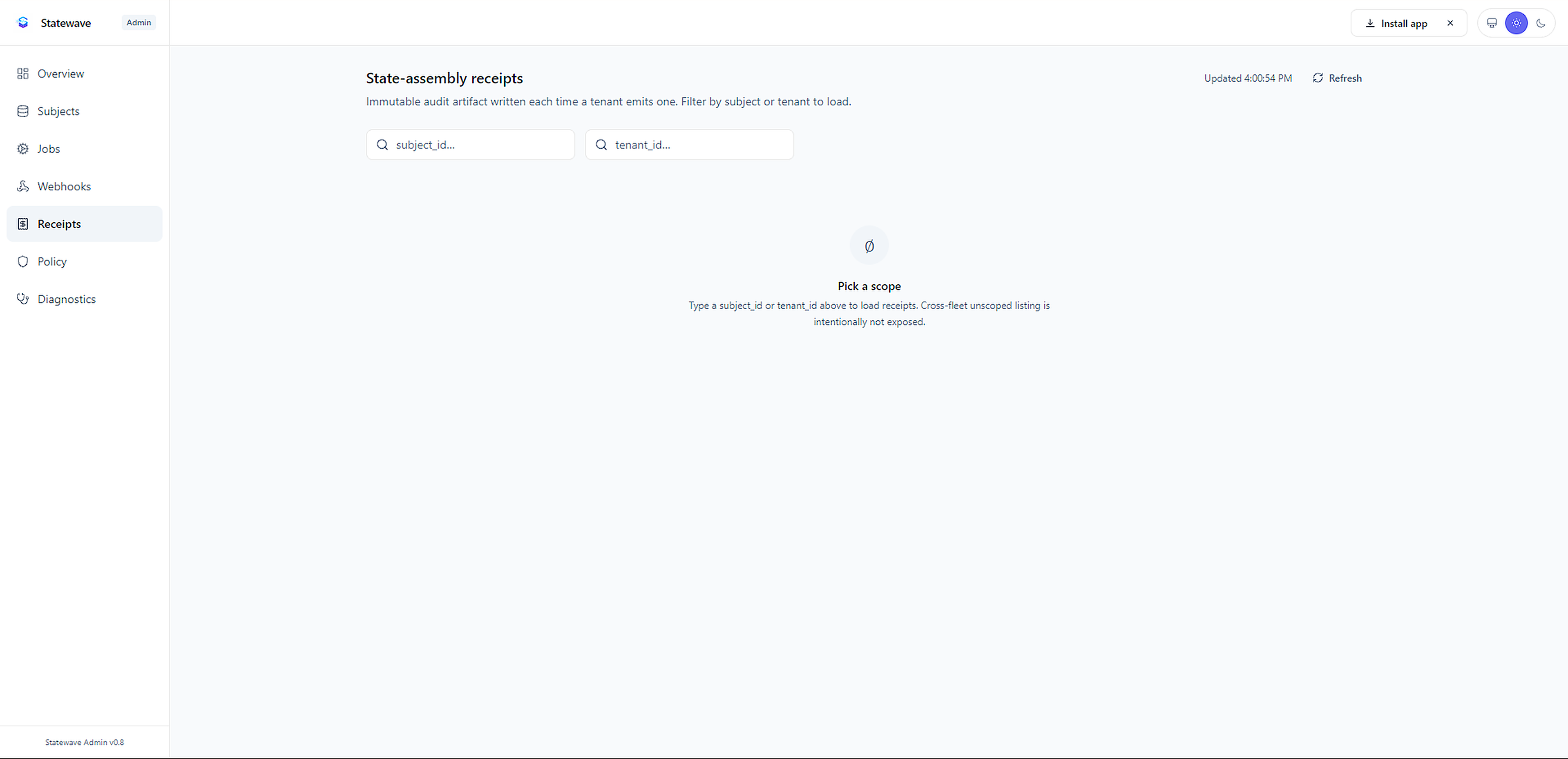 Statewave admin: Receipts page asking to pick a subject or tenant scope
