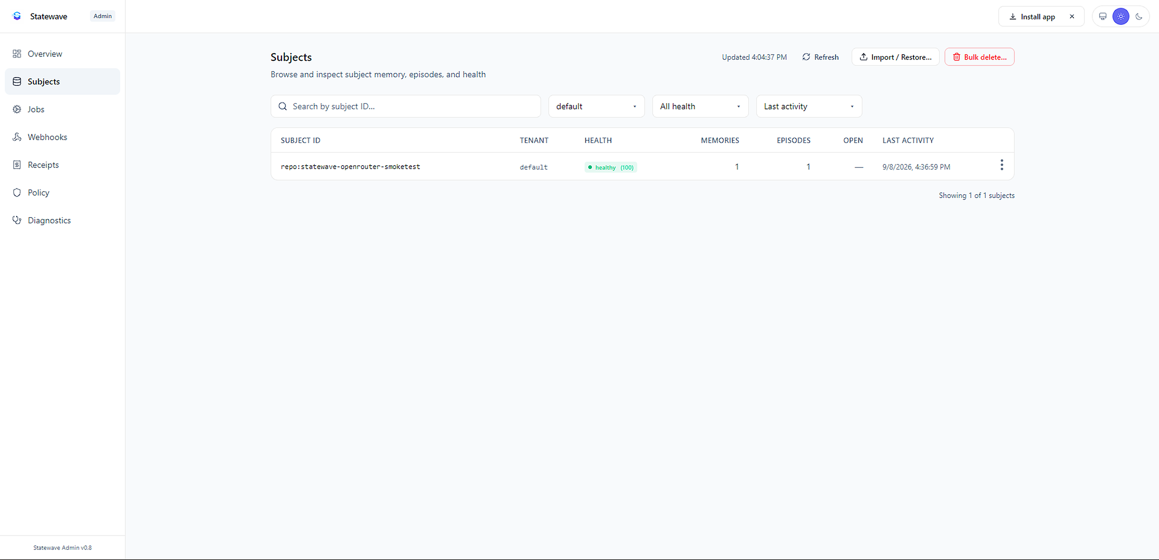 Statewave admin: Subjects list filtered to tenant default